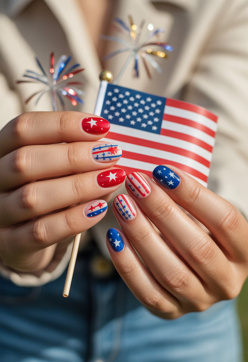 Close-up of hands with red, white, and blue painted nails featuring stars and stripes, holding a small American flag.