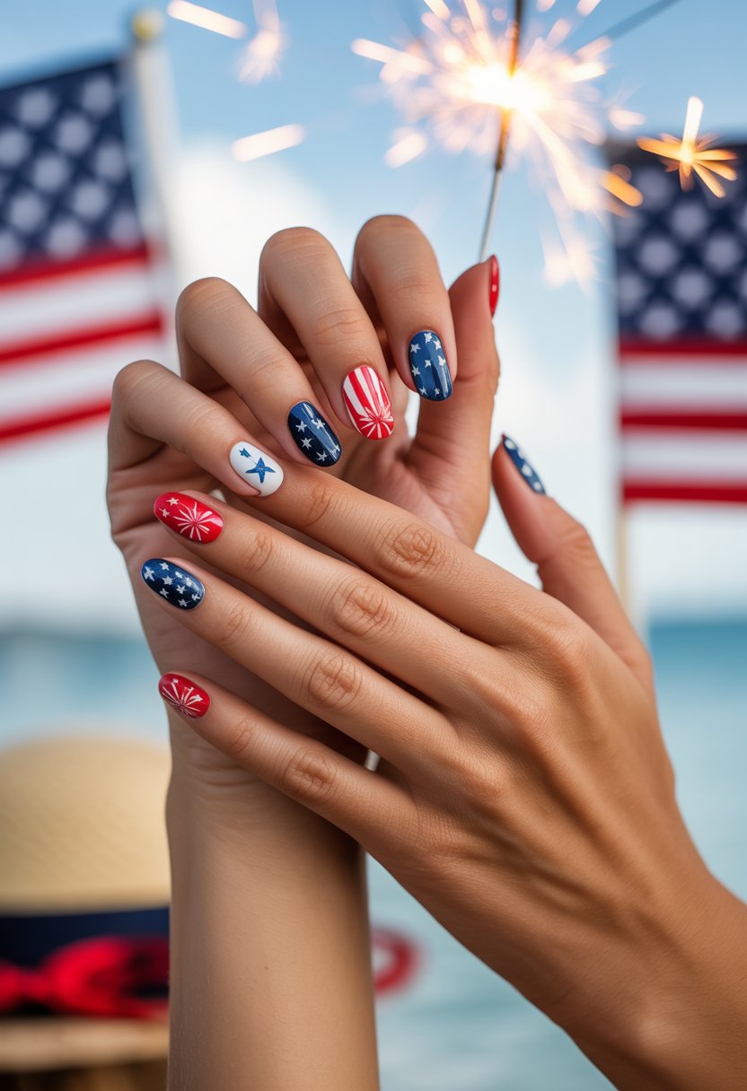 Close-up of hands with patriotic red, white, and blue nail designs featuring stars and stripes.
