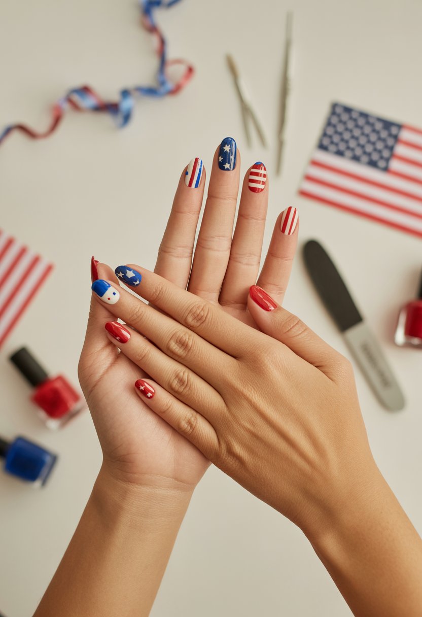 Close-up of hands with 4th of July themed nails featuring stars and stripes, surrounded by nail care tools and small American flag decorations.