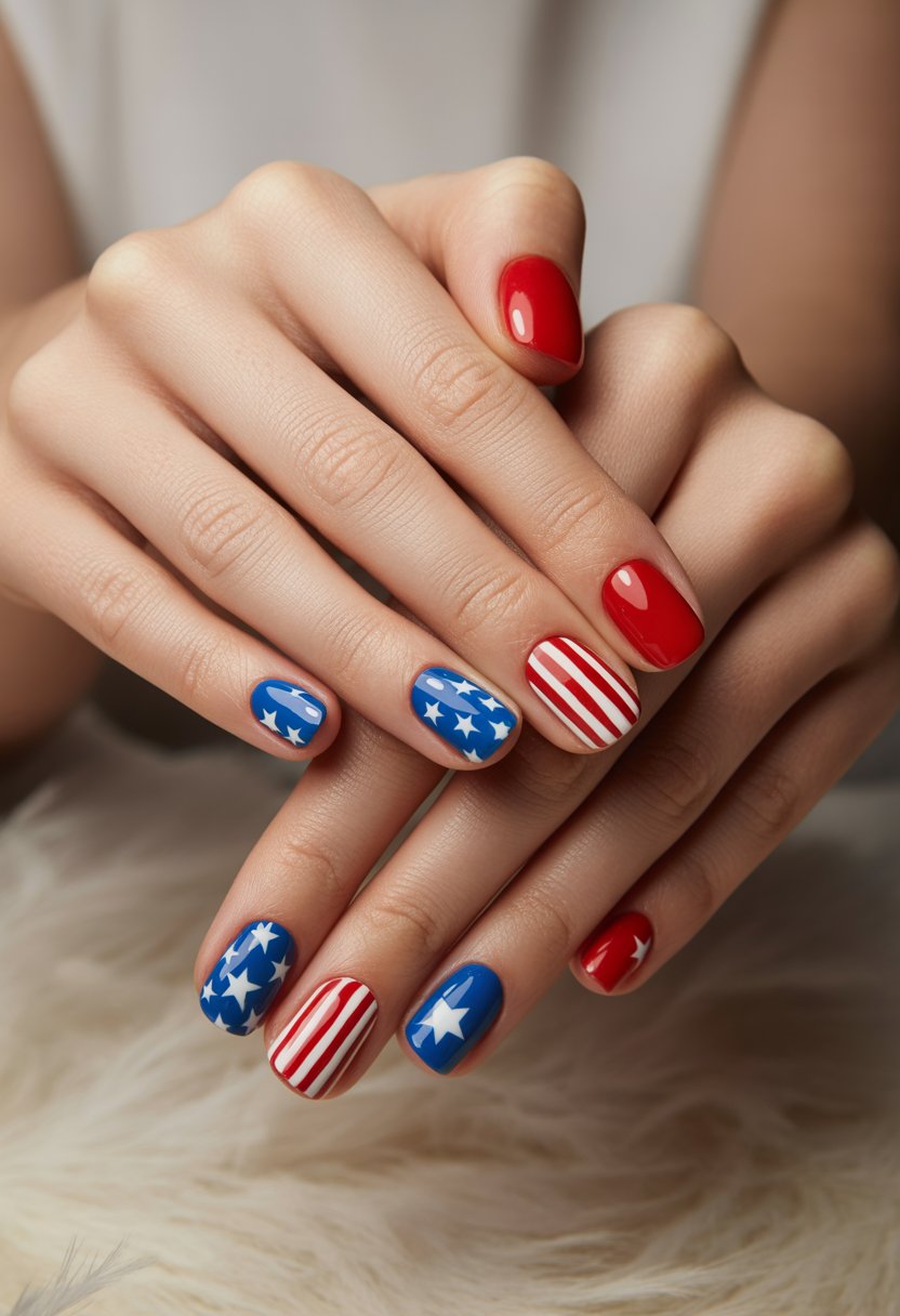 Close-up of hands with red, white, and blue patriotic nail art featuring stars and stripes.