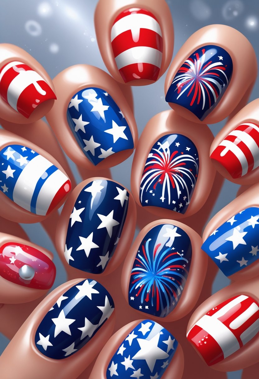 Close-up of twelve fingernails decorated with red, white, and blue designs featuring stars, stripes, and fireworks.