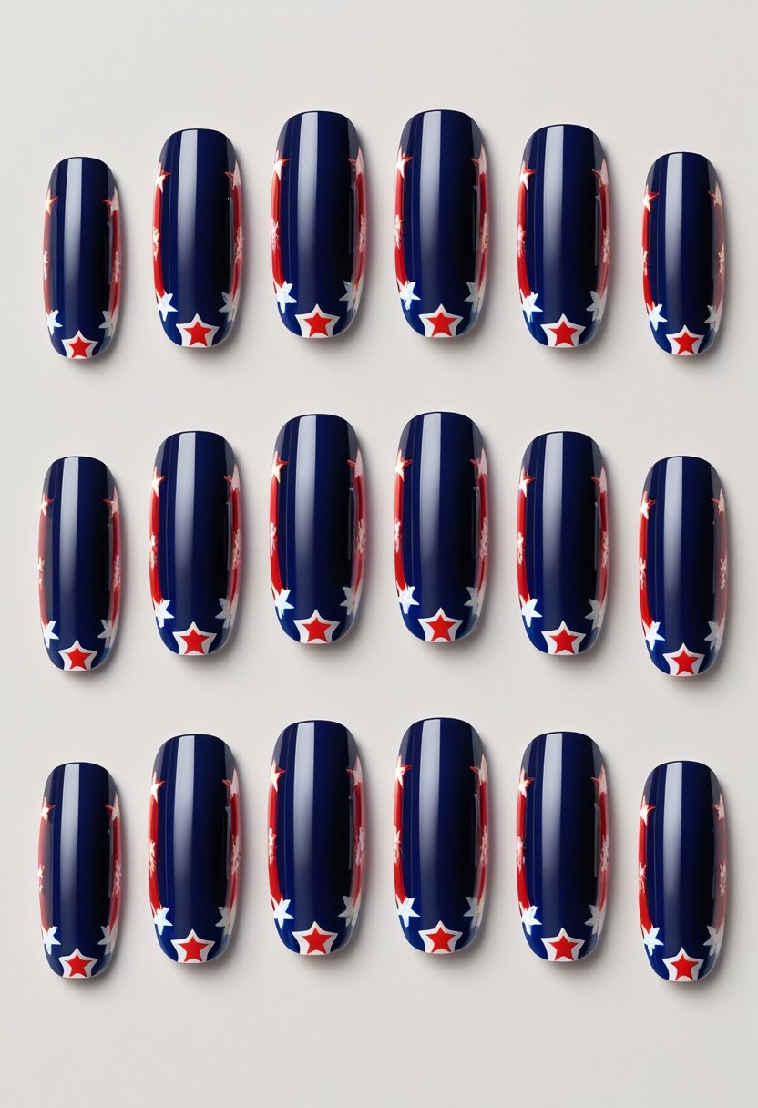 Twelve fingernails with red, white, and blue French tip designs featuring white stars, arranged on a neutral background.