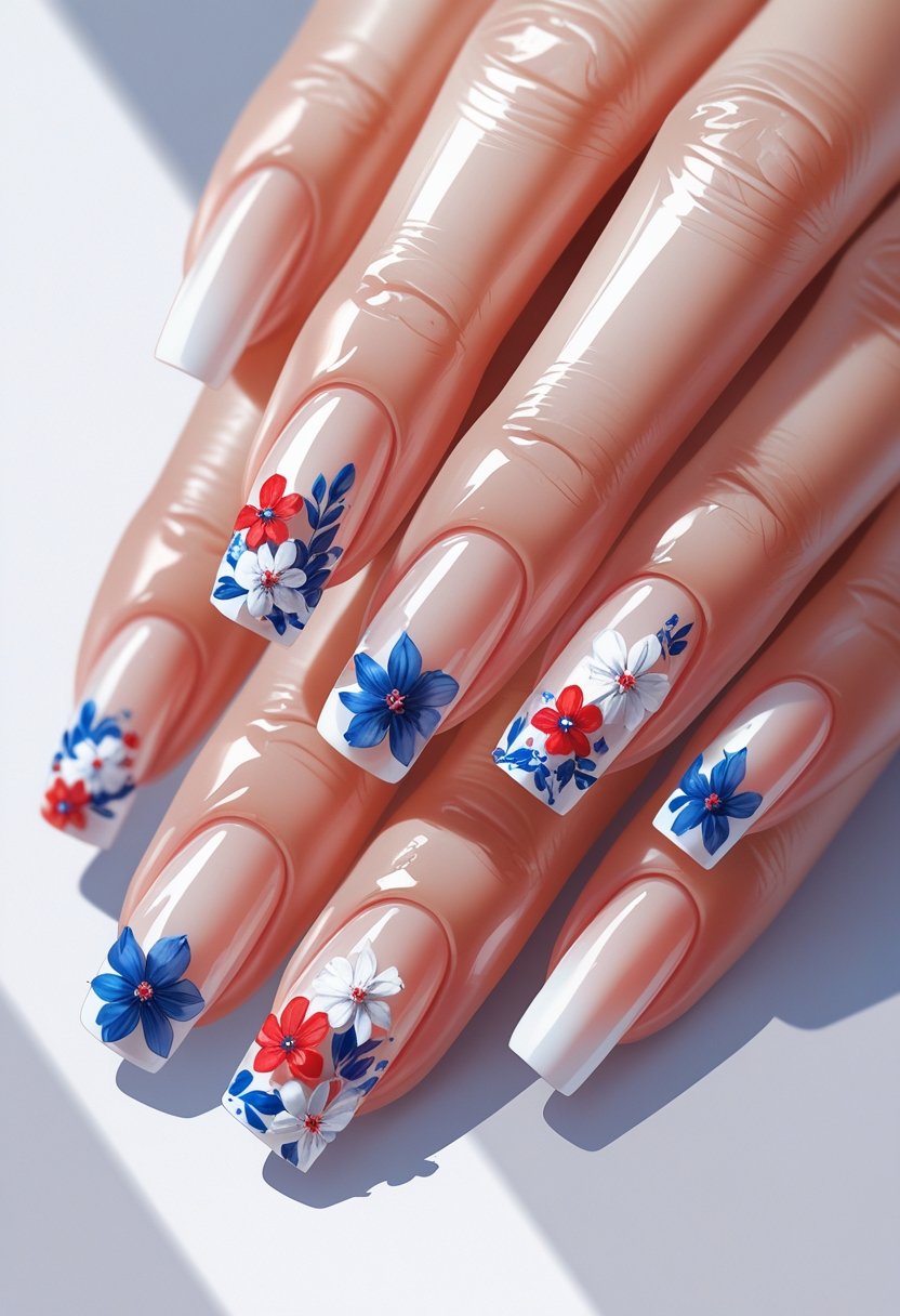 A close-up of hands with clear nails decorated with red, white, and blue floral designs.