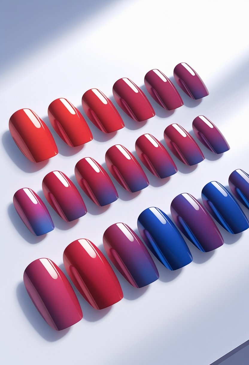 A set of twelve manicured fingernails with a smooth gradient from red to blue on each nail.