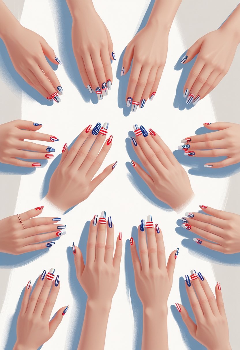Twelve hands showing nails with simple line designs and colorful red, white, and blue accents inspired by the 4th of July.