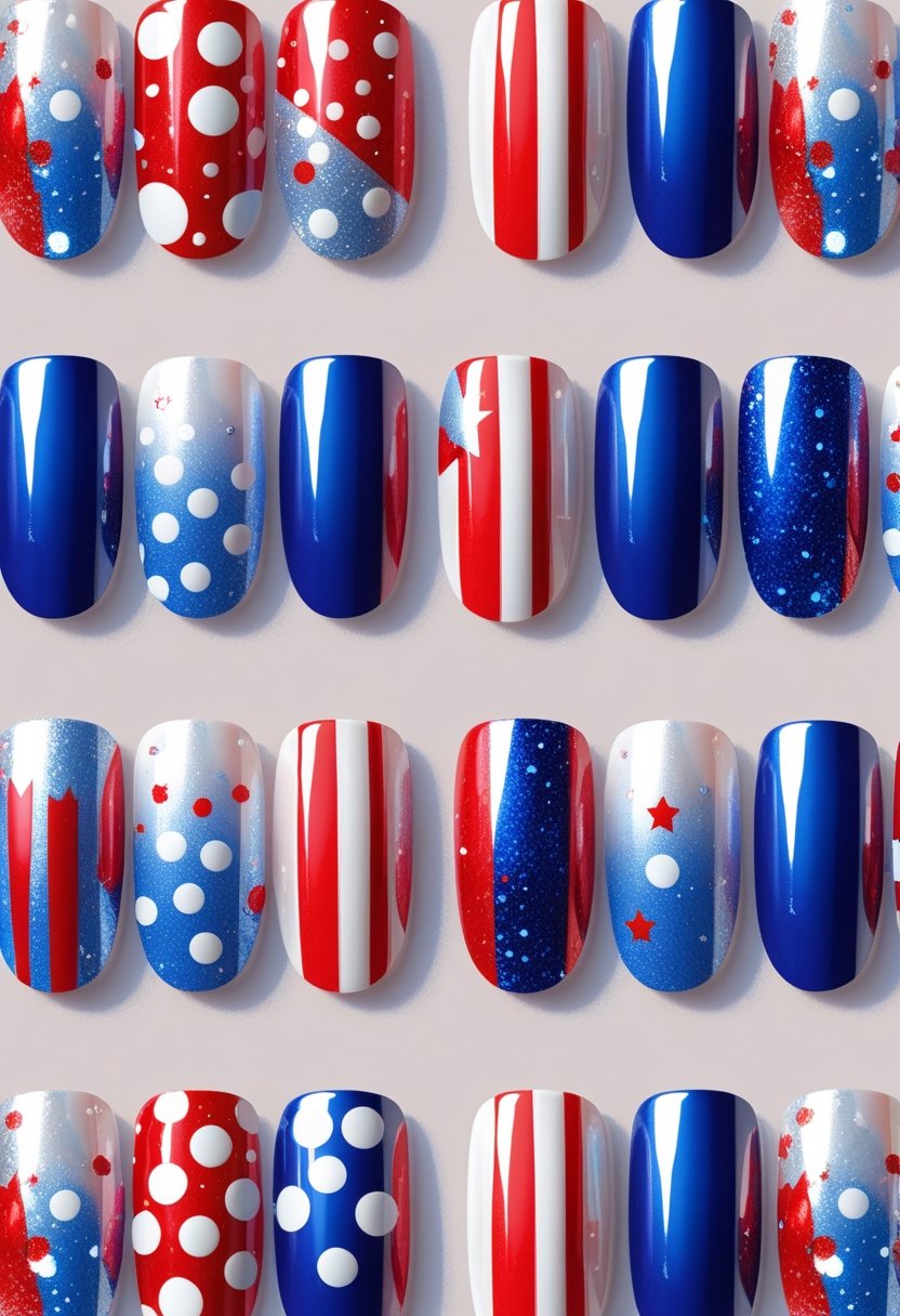 Twelve fingernails decorated with red, white, and blue polka dots and stripes with a shiny pearl chrome finish.