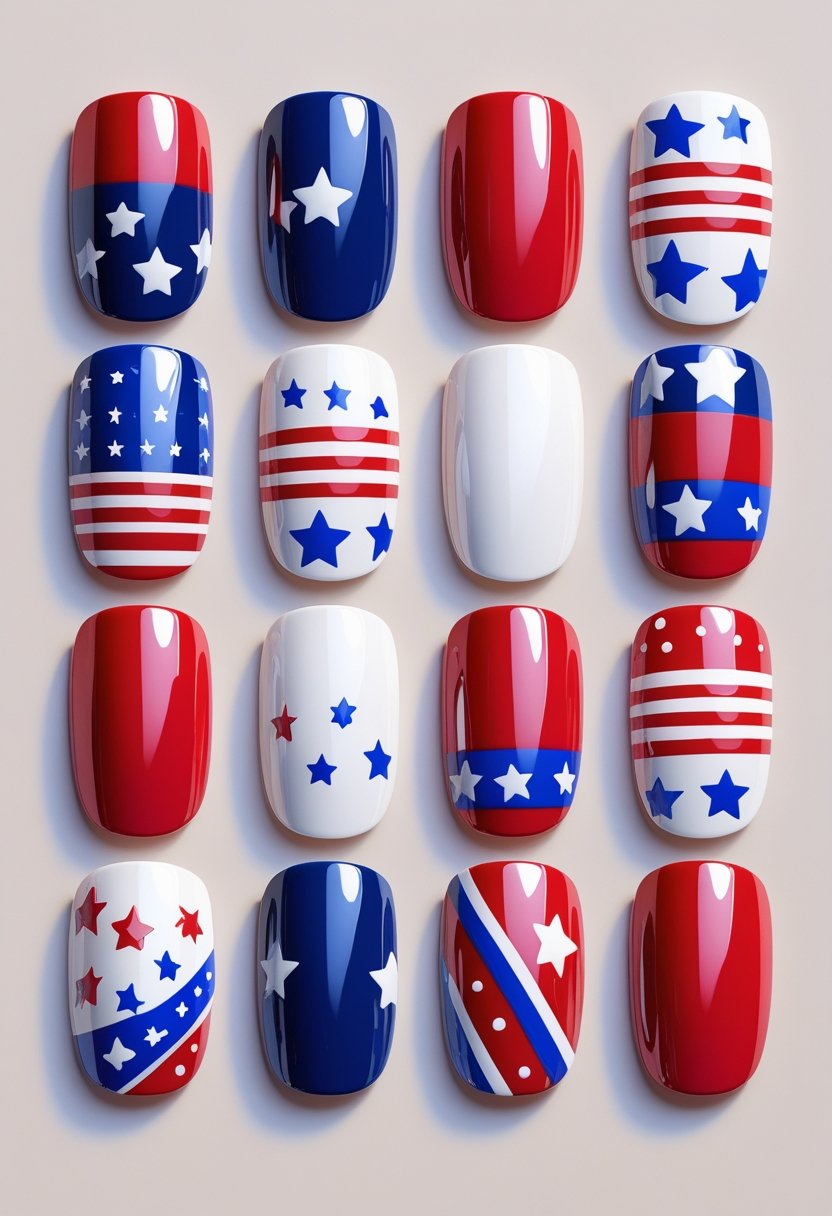 Twelve fingernails with American flag designs featuring stars and stripes in red, white, and blue colors.