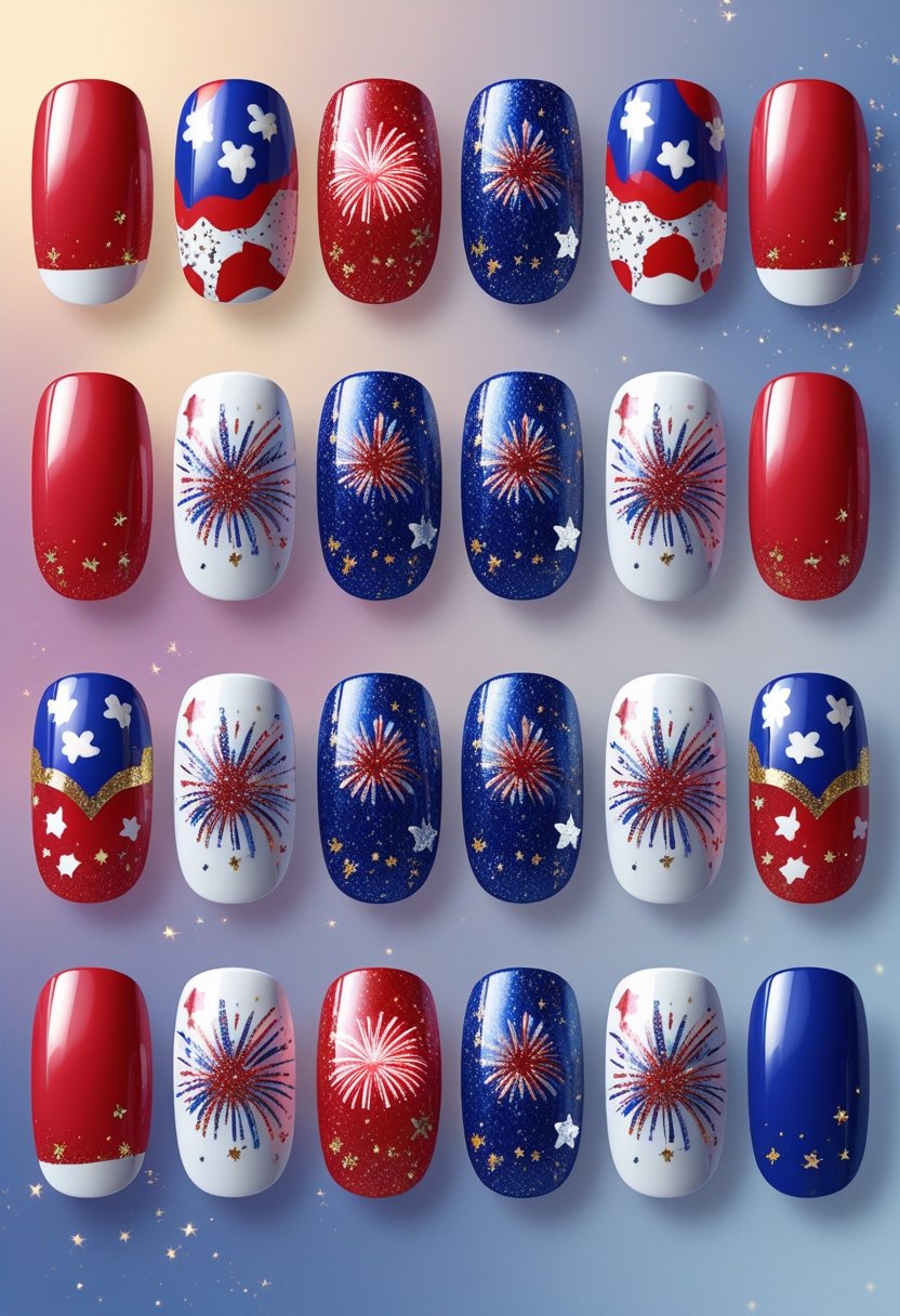 A set of twelve 4th of July-themed nails featuring cowgirl designs and colorful fireworks patterns.