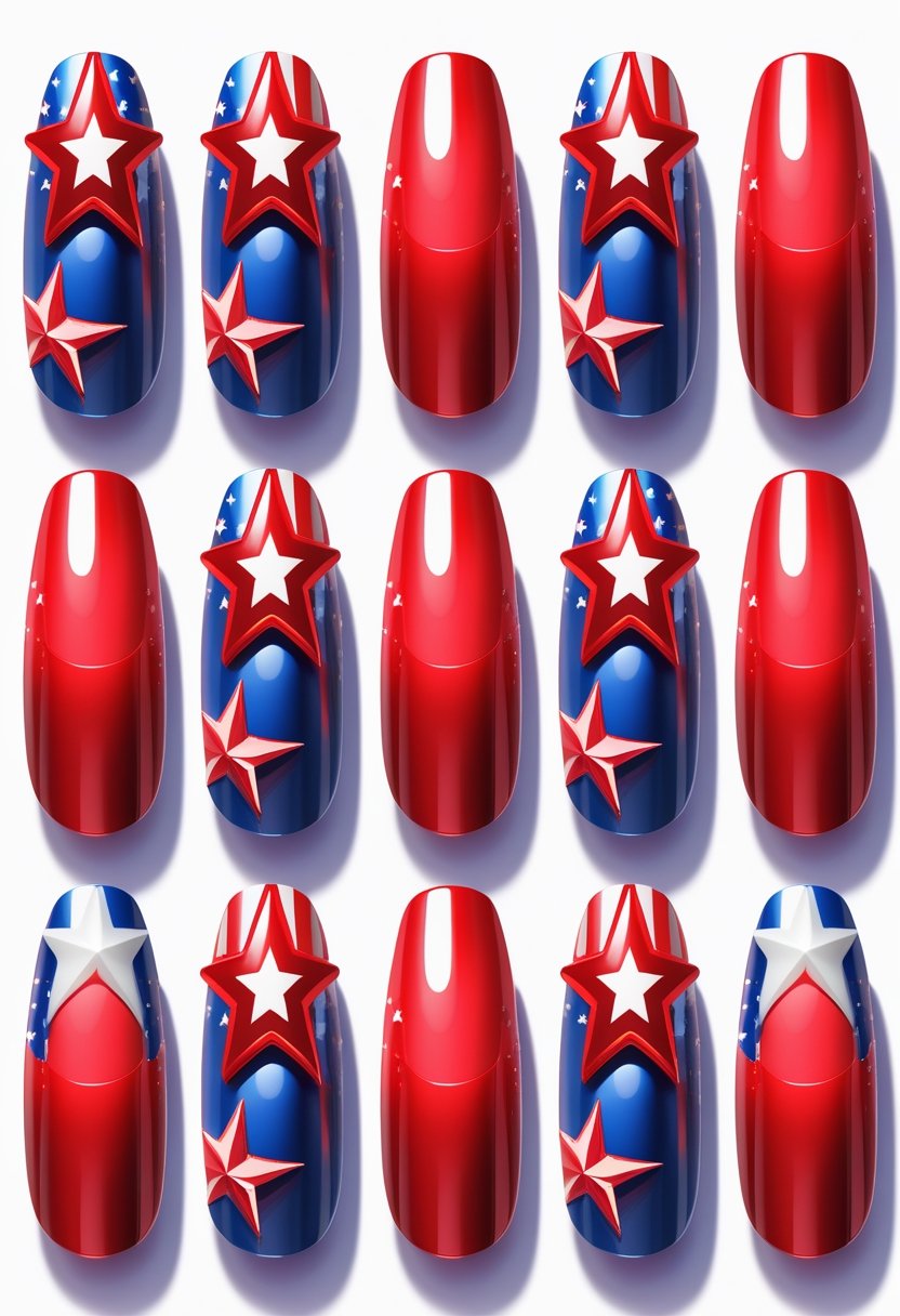 Twelve fingernails painted with red polish and decorated with red star designs arranged neatly on a neutral background.