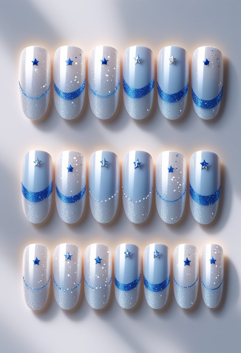 Twelve fingernails with white sparkly polish and subtle blue details arranged together.