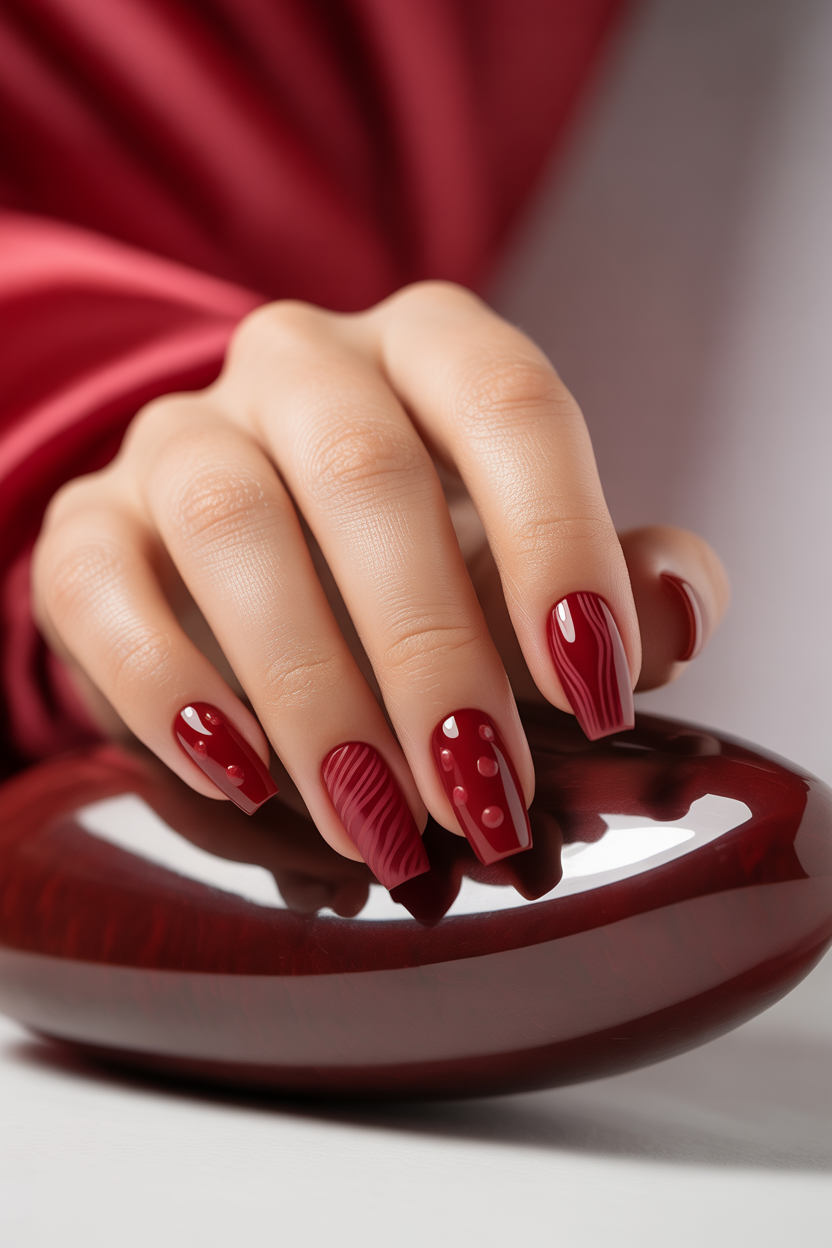 Tone-on-Tone Red Pattern Nails Tone-on-Tone Red Pattern Nails