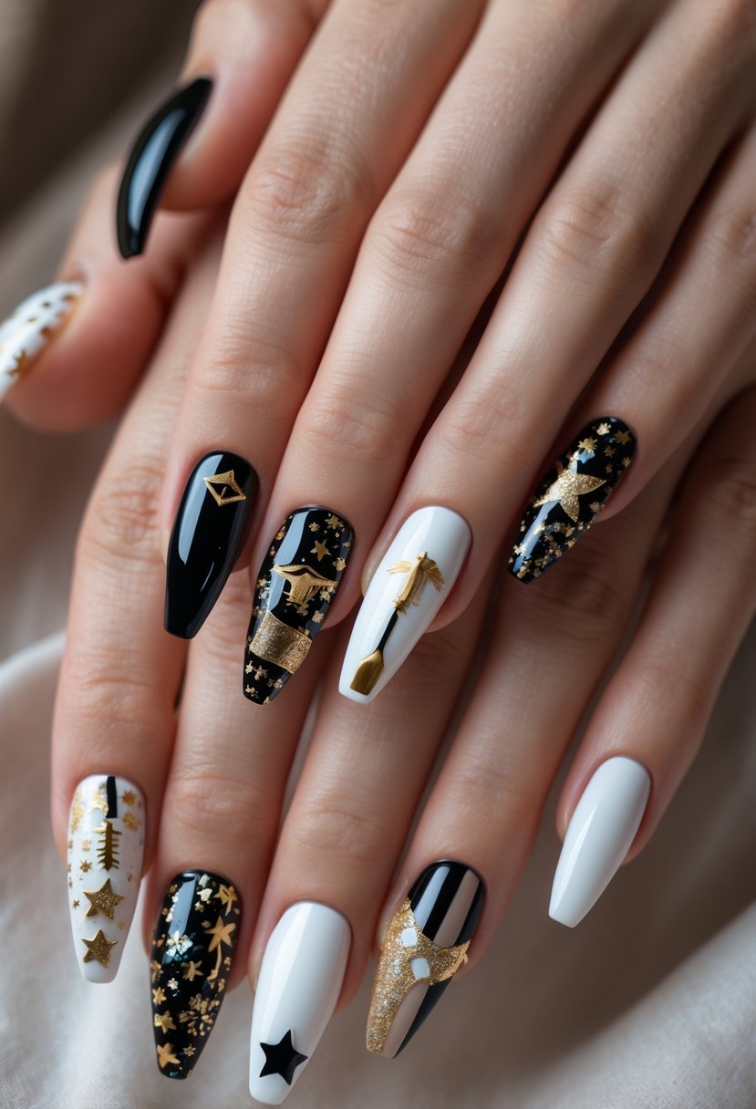 Seven female hands with different graduation-themed nail designs arranged together.
