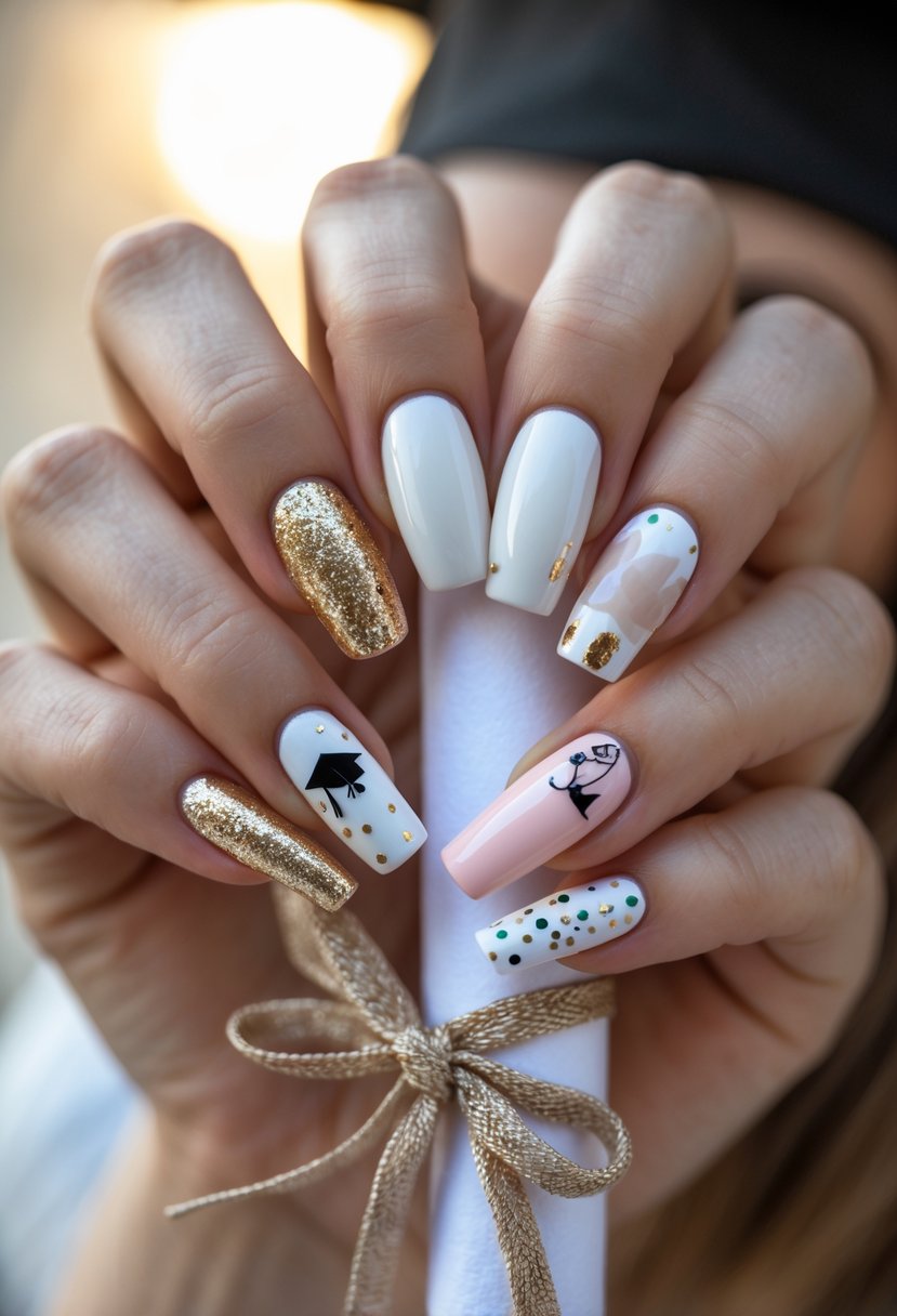 Close-up of a woman's hands showing seven different graduation-themed manicured nails holding a graduation cap and diploma.