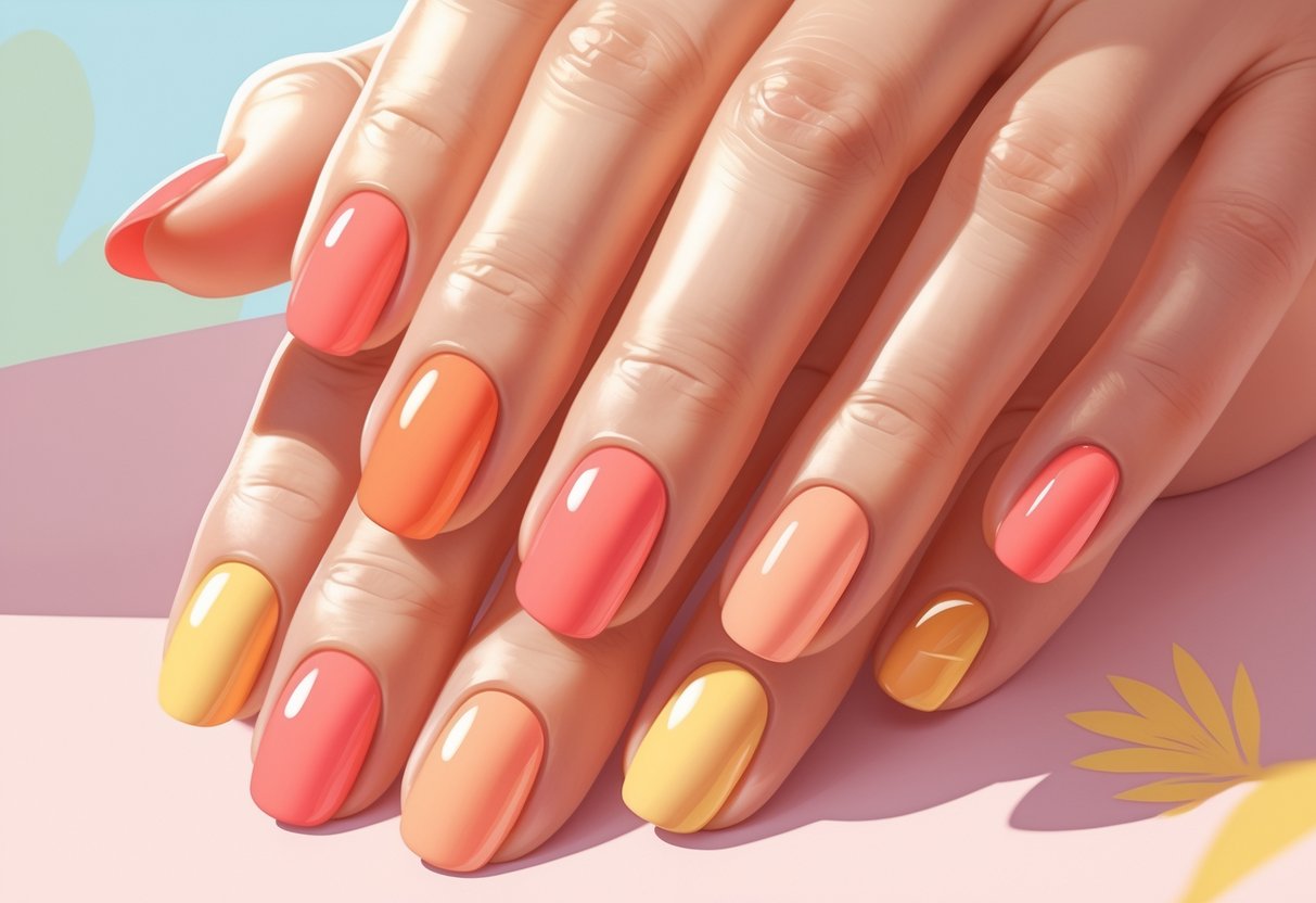 Close-up of hands with short, brightly colored summer nails.