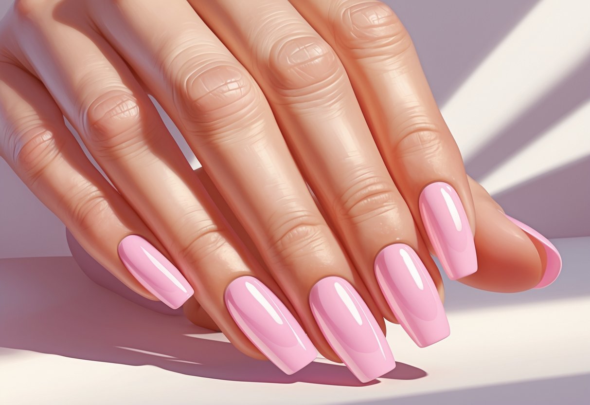 A close-up of a hand with short nails painted in a pastel pink ombre gradient.