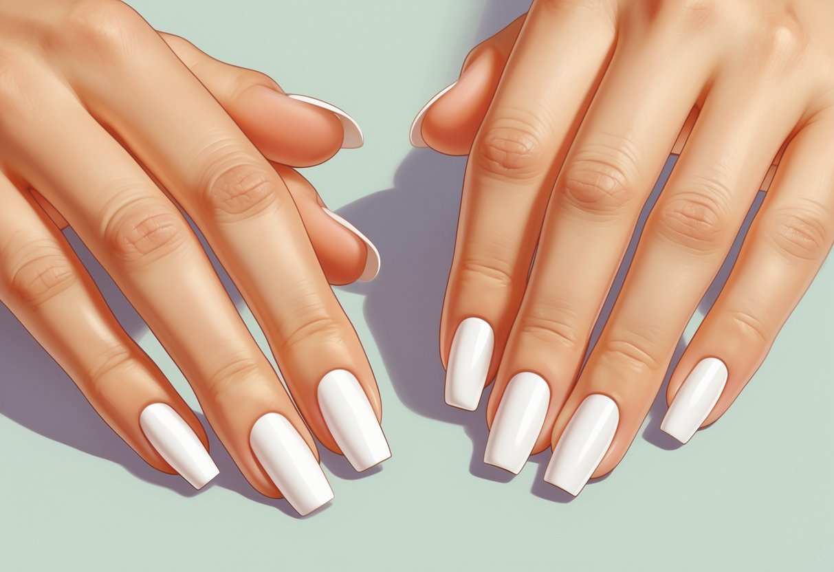 Close-up of hands with short nails featuring white French tips.