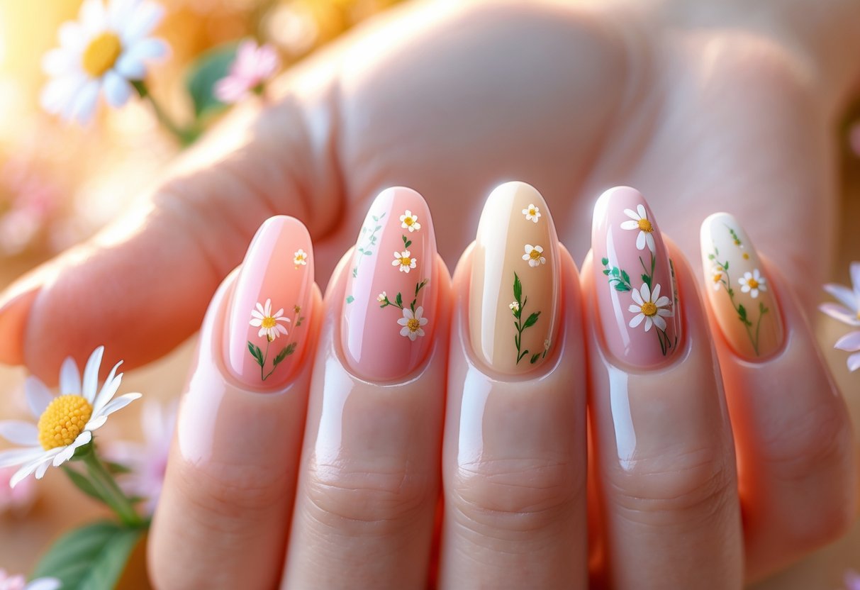 Close-up of a hand with short nails decorated with small, delicate floral designs in soft pastel colors.