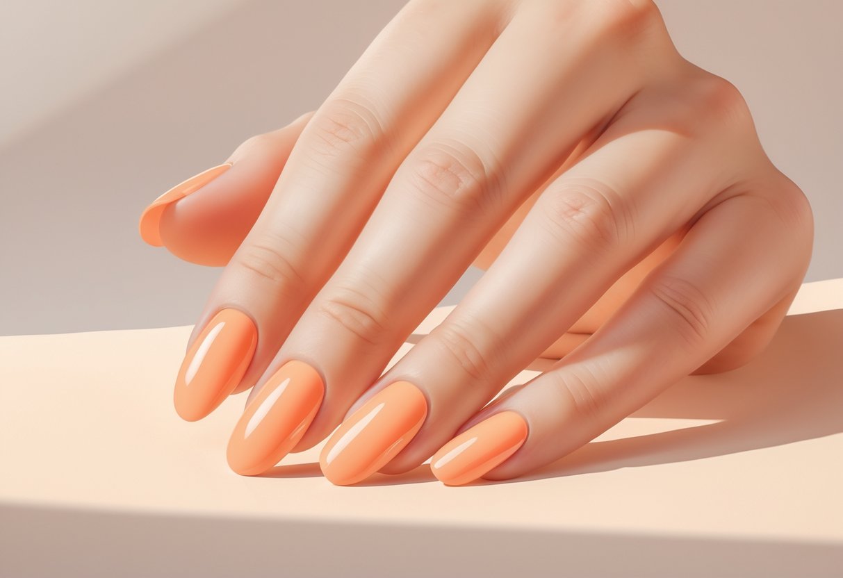 A close-up of a hand with short nails painted in a solid peachy apricot color.