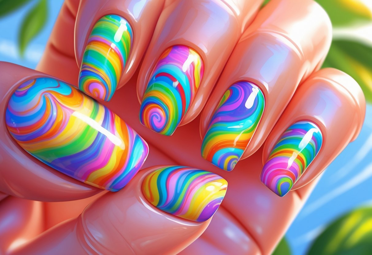 Close-up of short nails with colorful rainbow swirl patterns.