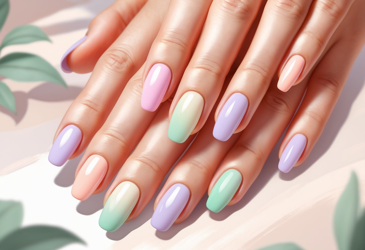 Close-up of hands showing short nails with a soft pastel gradient in pink, lavender, peach, and mint colors.