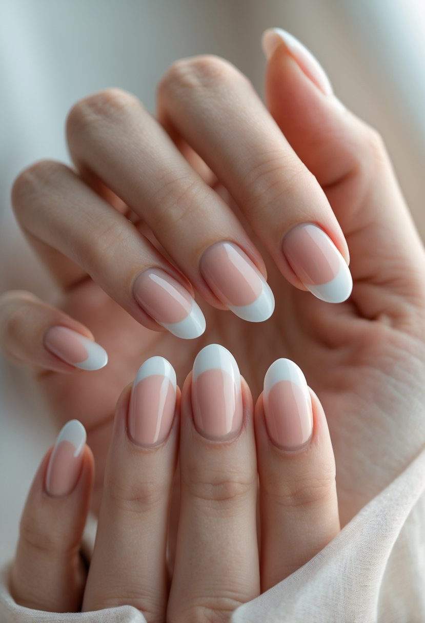 Close-up of a woman's hands with neatly manicured French nails against a soft neutral background.