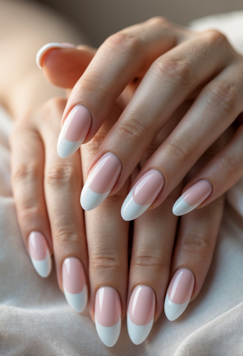 Close-up of hands with neatly manicured French nails showing white tips and natural pink base.