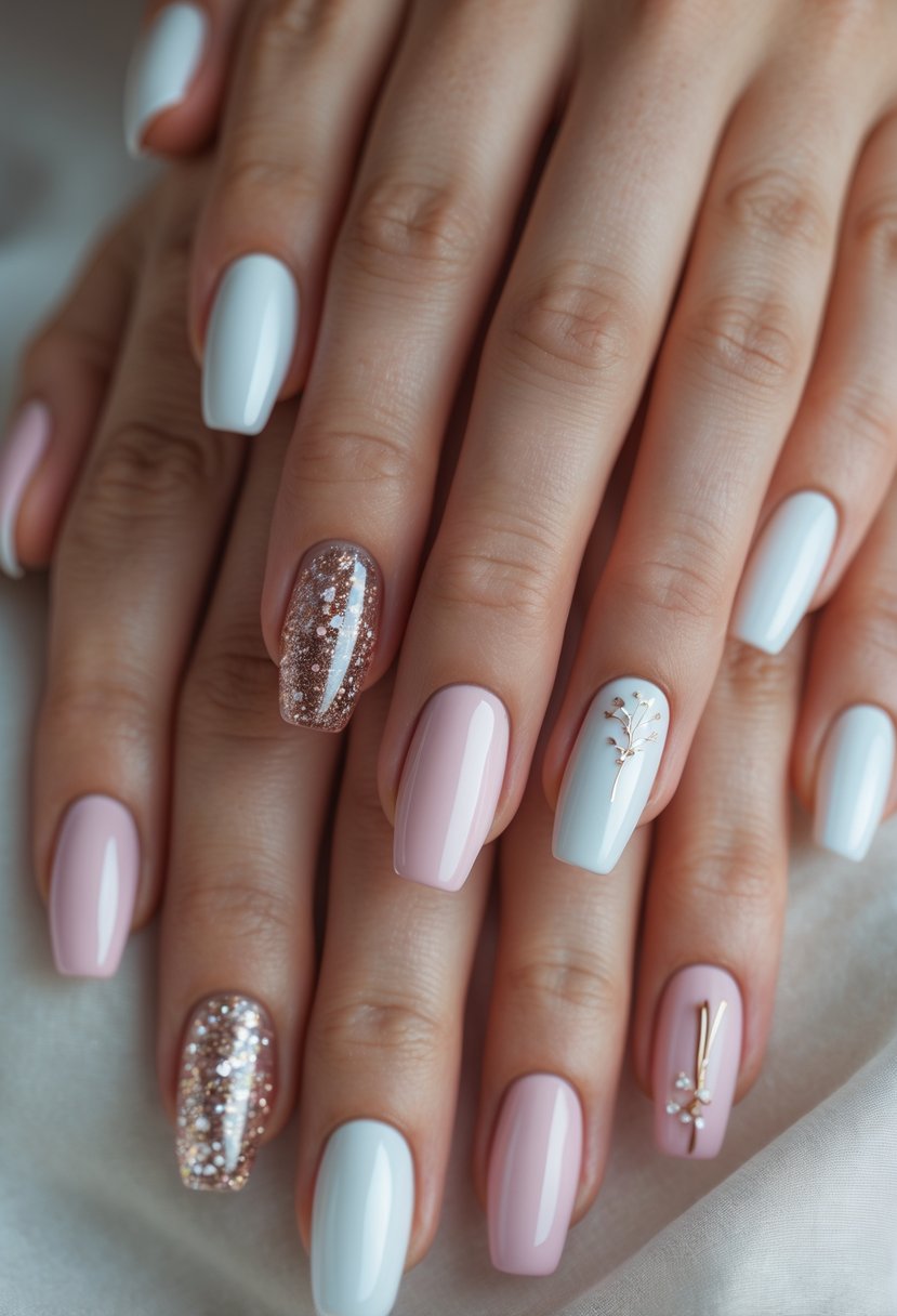 Close-up of hands with neatly manicured nails showing different French tip designs.