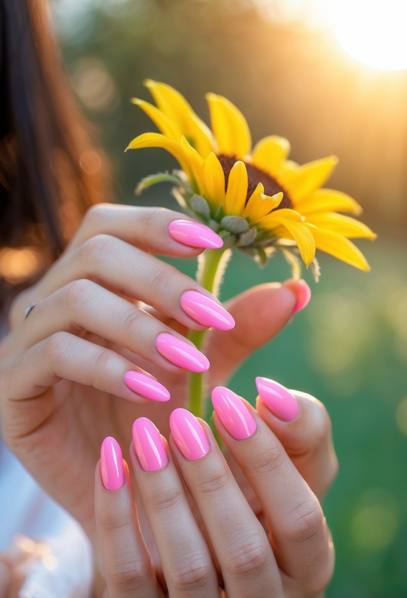 Close-up of a woman's hands with pink painted nails holding a summer flower outdoors.