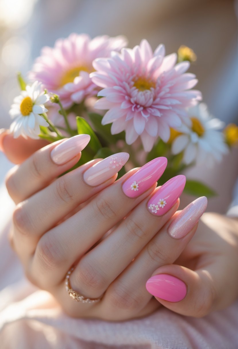Close-up of a woman's hands with pink summer manicured nails holding a small bouquet of fresh flowers.