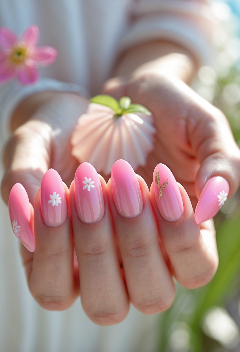 Close-up of hands with pink summer-themed manicured nails holding a seashell against a bright natural background.