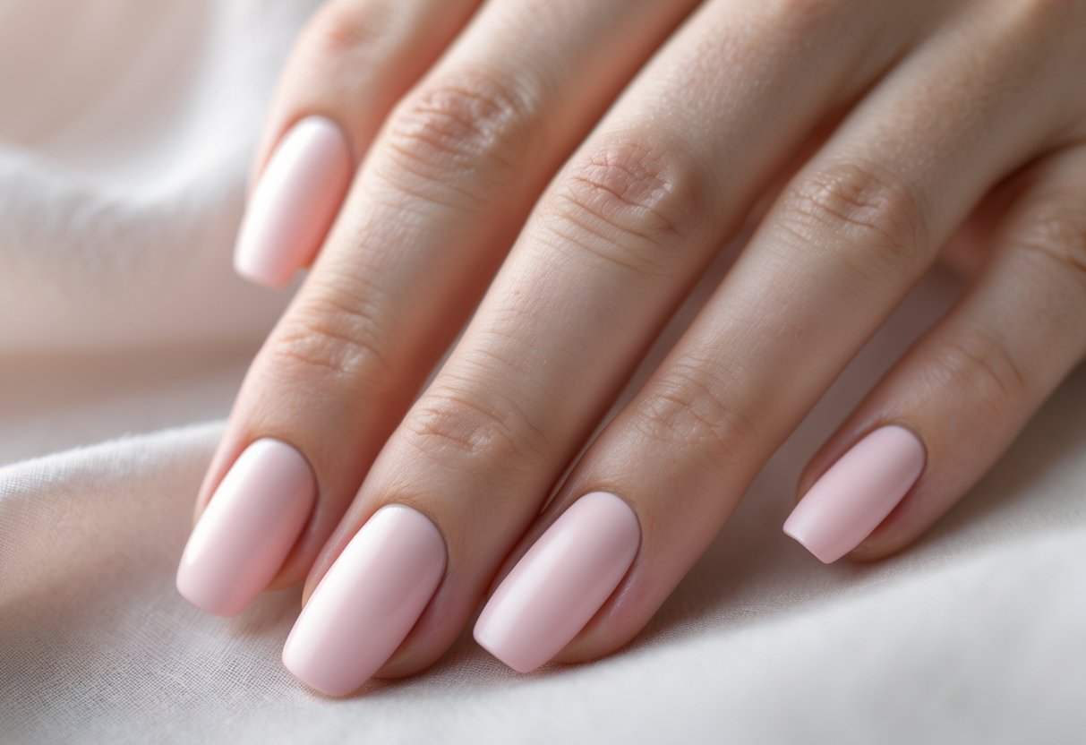 Close-up of a woman's hand with soft blush pink matte finish nails resting on a light background.