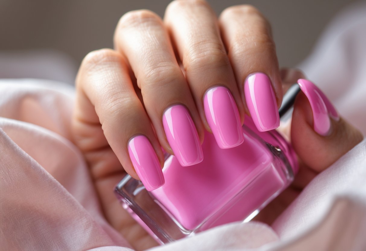 Close-up of a woman's hand with bright glossy bubblegum pink nails.
