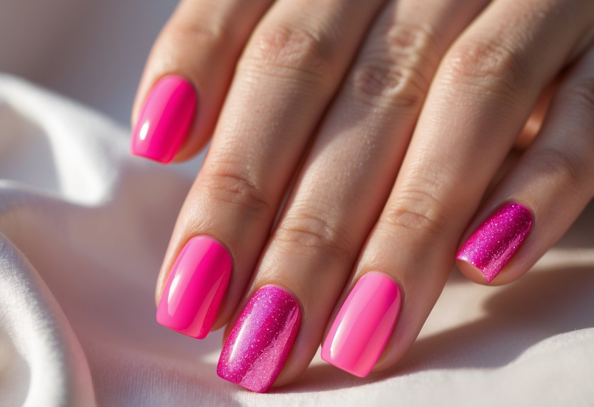 Close-up of a hand with pink nails featuring hot pink glitter accents.