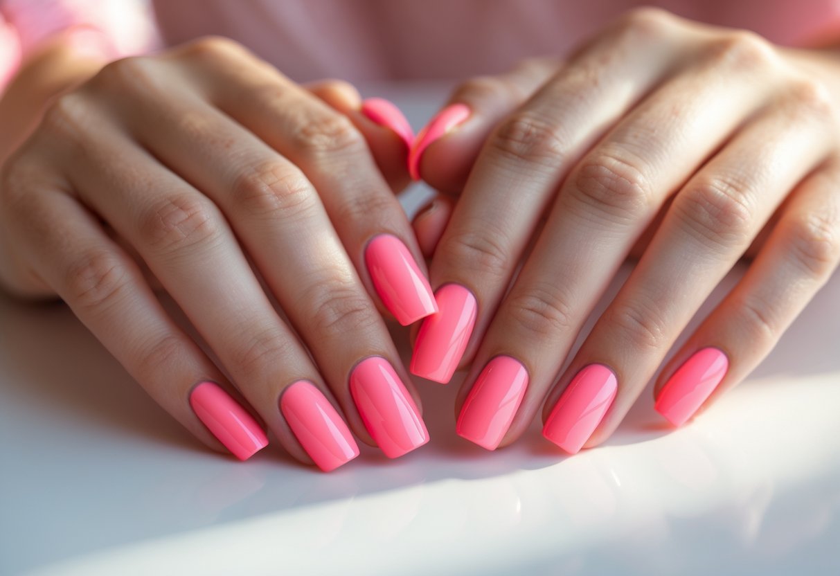 Close-up of female hands with coral pink gradient nails against a neutral background.