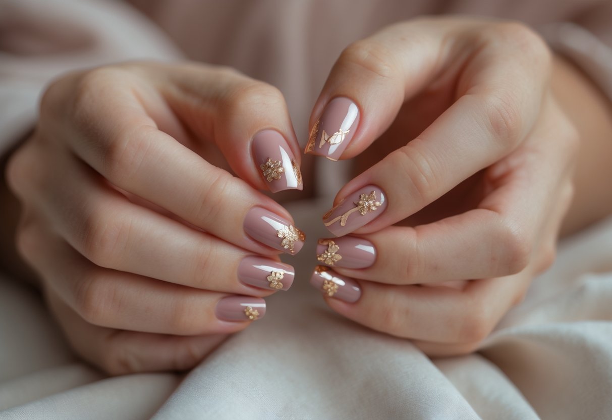 Close-up of hands with dusty rose pink nails accented with gold foil.