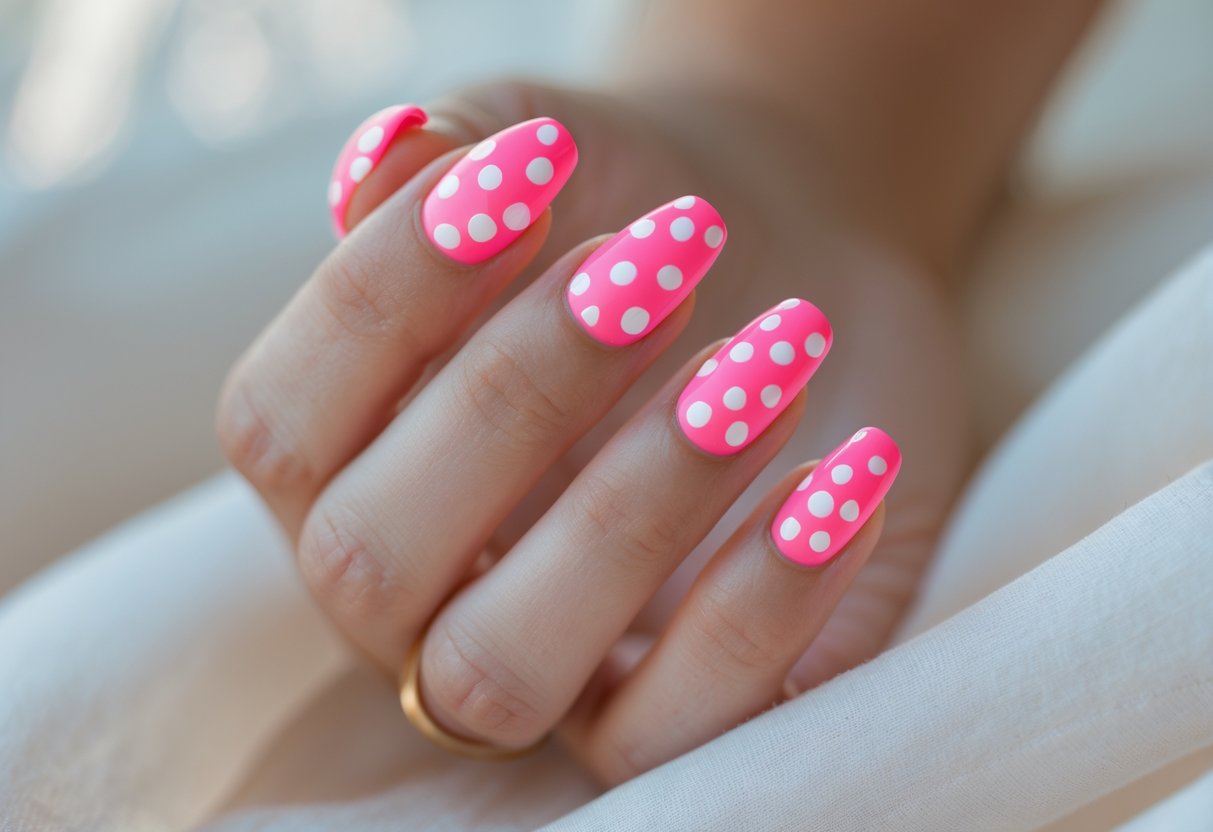 A close-up of a hand with neon pink nails decorated with white dots.