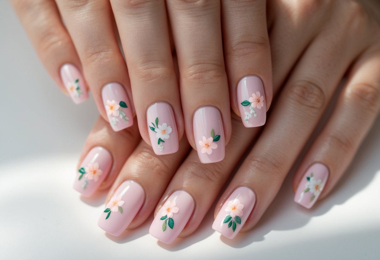 Close-up of hands with light pink nails decorated with floral designs.