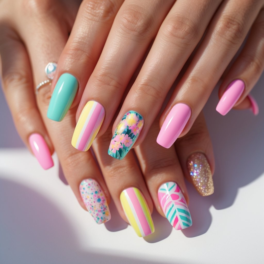 Close-up of hands displaying 15 different colorful summer nail designs on a bright background.