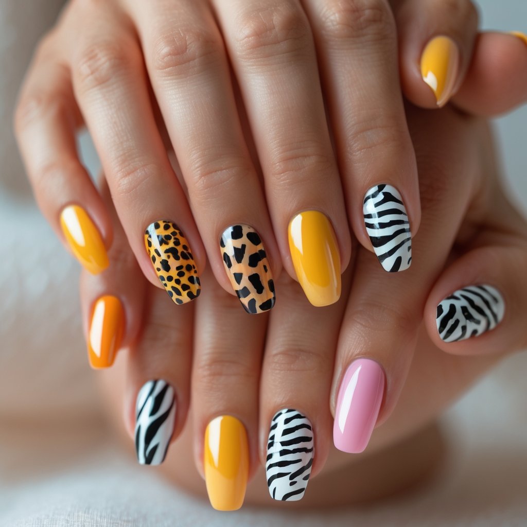 Close-up of hands displaying 15 different animal-print nail designs in bright summer colors.