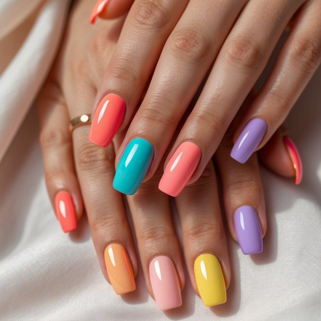 Close-up of hands showing 15 different colorful ombré nail designs in vibrant summer shades.