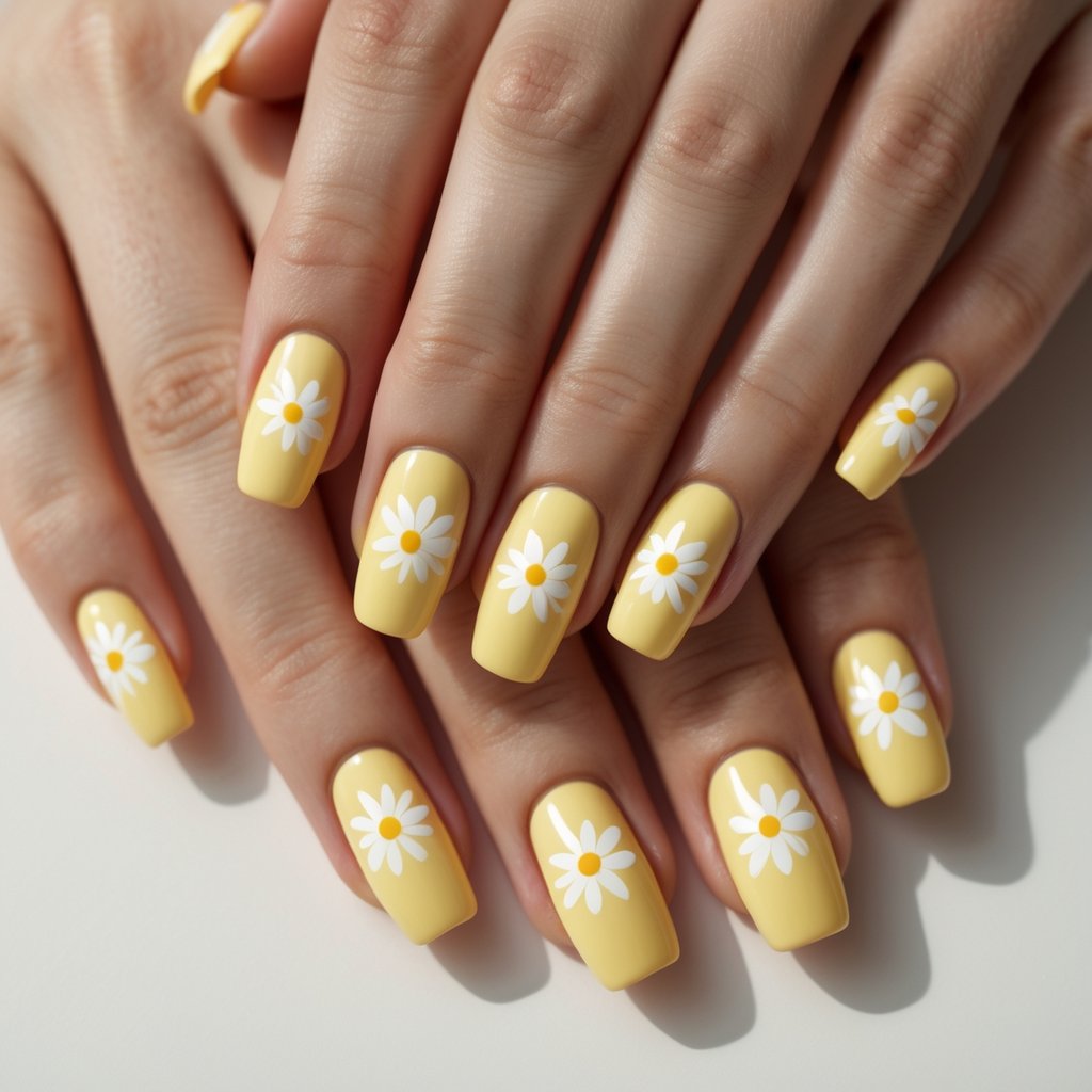 Close-up of hands with butter yellow nails decorated with white daisies.