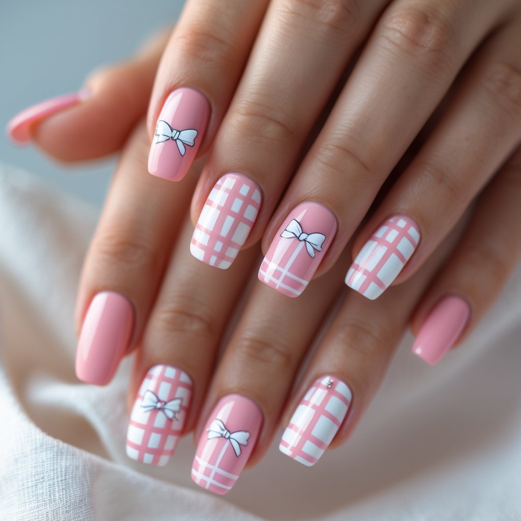 Close-up of hands with pink plaid patterned nails decorated with small bow details.