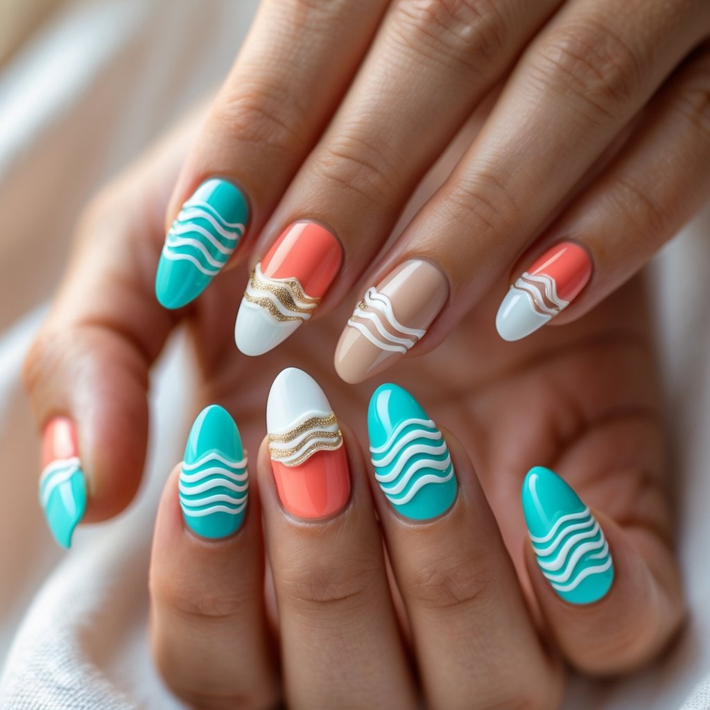 Close-up of hands showing 15 nails with colorful 3D wave patterns inspired by summer and the ocean.