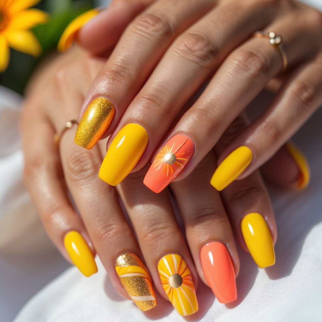 Close-up of a woman's hands showing bright, colorful summer-themed nails in sunny shades.
