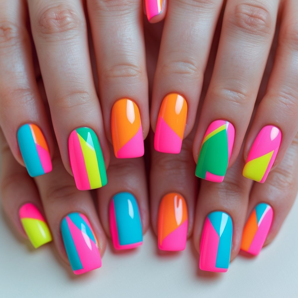 Close-up of hands showing 15 brightly colored neon summer nails with geometric patterns.