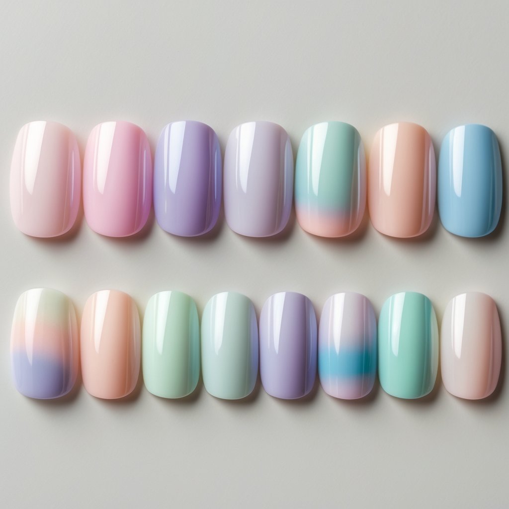 Fifteen manicured nails with soft pastel gradient colors arranged on a neutral background.