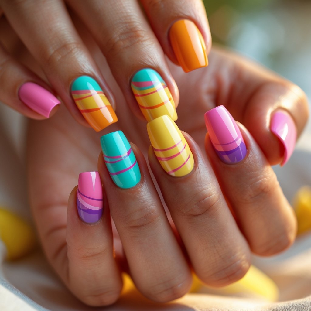 A close-up of a hand with 15 colorful nails decorated with slimline swirls in bright summer colors.