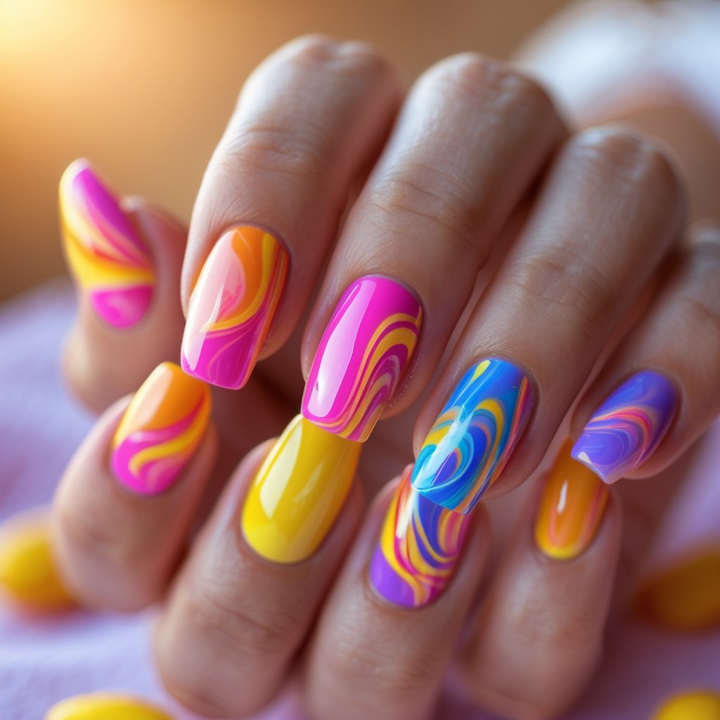 Close-up of a hand with 15 colorful nails featuring swirling patterns in bright summer colors.