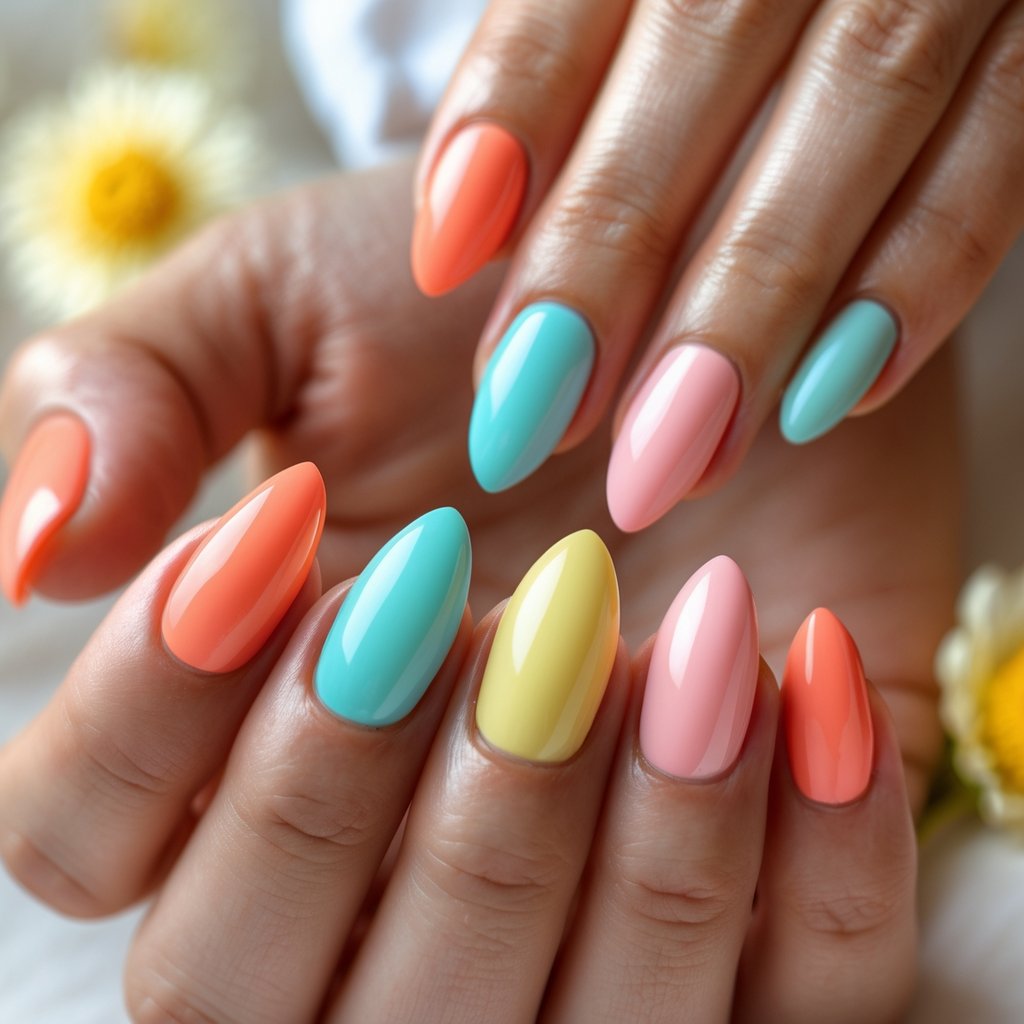 Close-up of two hands with glossy, colorful summer nail designs.