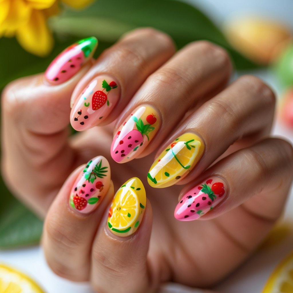 Close-up of a hand with 15 nails decorated with small, colorful summer fruit designs.